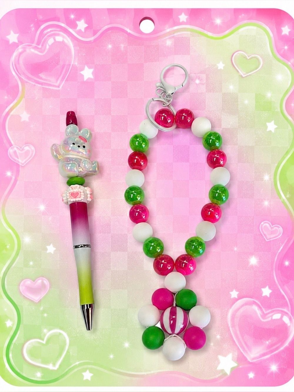Beaded Oval Wristlet Keychain with Accents & Beaded Bunny Pen Set